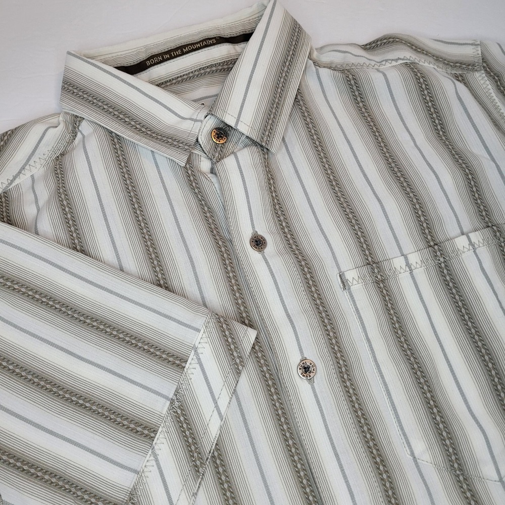 Kuhl Shirt Men's Small Ivory/Brown Stripe Button Up Short Sleeve Outdoor Hiking